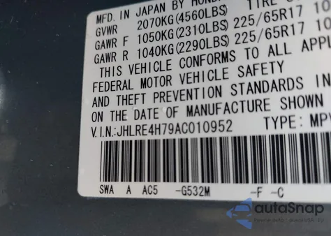 2010 Honda Cr-V Ex-L from USA, damaged, VIN JHLRE4H79AC010952